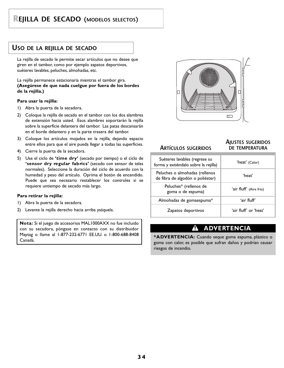 Ejilla de secado, Advertencia | Maytag MD55 User Manual | Page 35 / 36