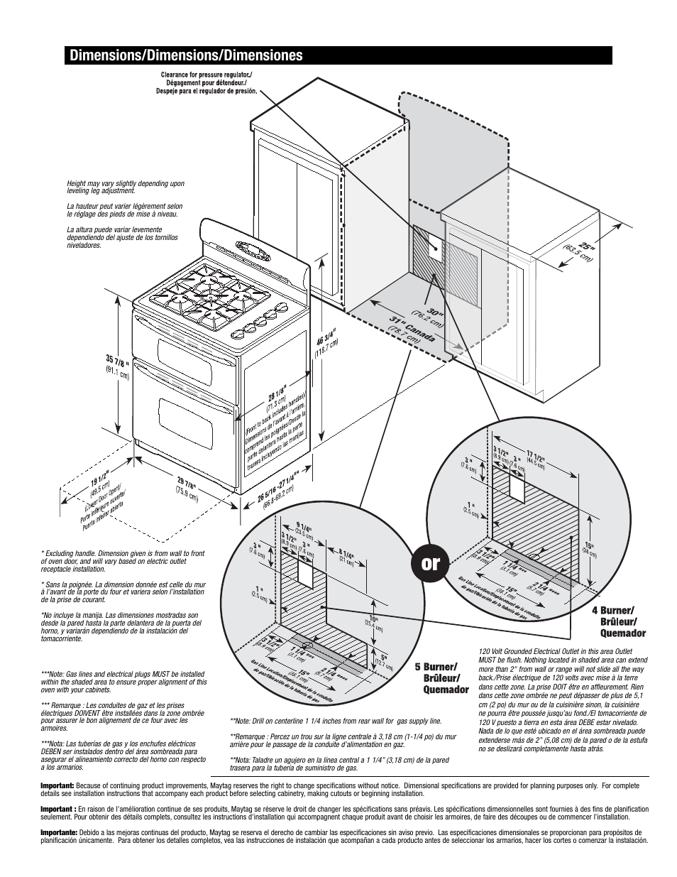 Dimensions/dimensions/dimensiones | Maytag MGR6775 User Manual | Page 10 / 14