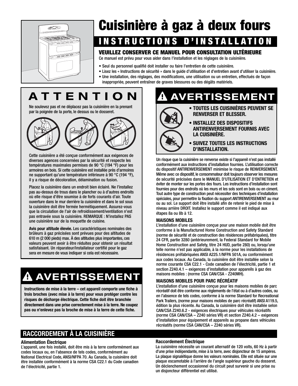 Cuisinière à gaz à deux fours, Avertissement | Maytag MGR6775 User Manual | Page 4 / 14