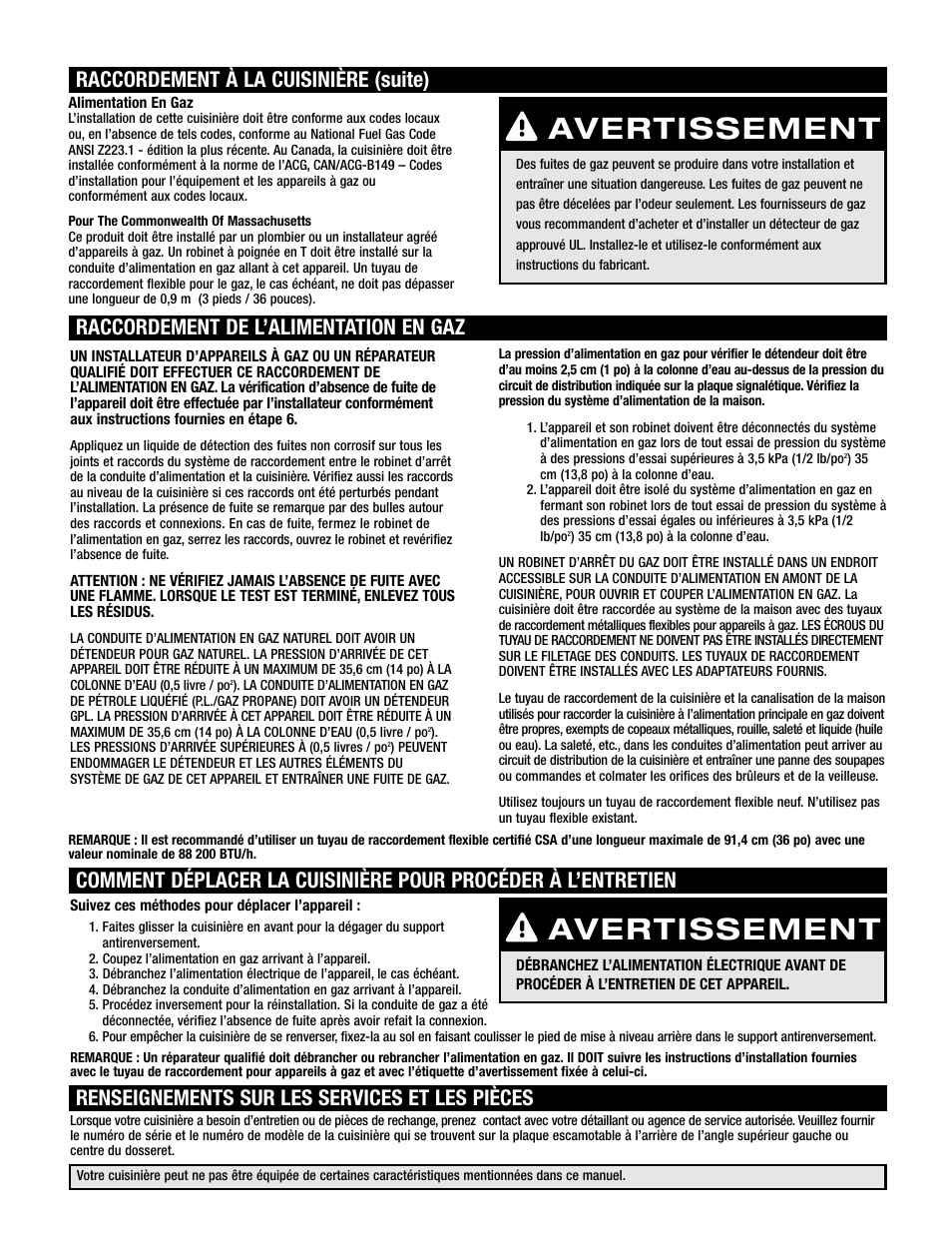 Avertissement, Raccordement à la cuisinière (suite), Raccordement de l’alimentation en gaz | Maytag MGR6775 User Manual | Page 5 / 14