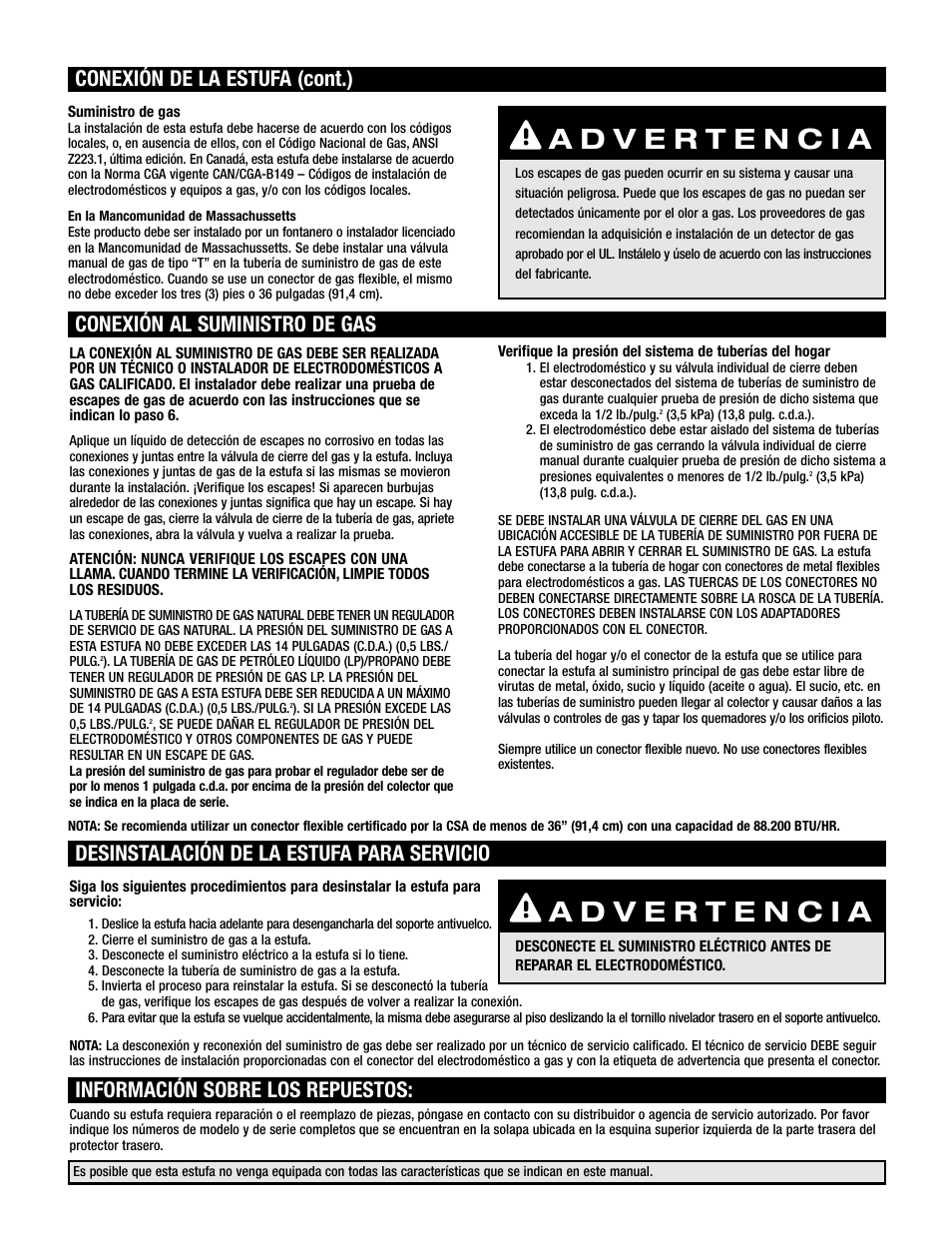 Conexión de la estufa (cont.), Conexión al suministro de gas | Maytag MGR6775 User Manual | Page 7 / 14
