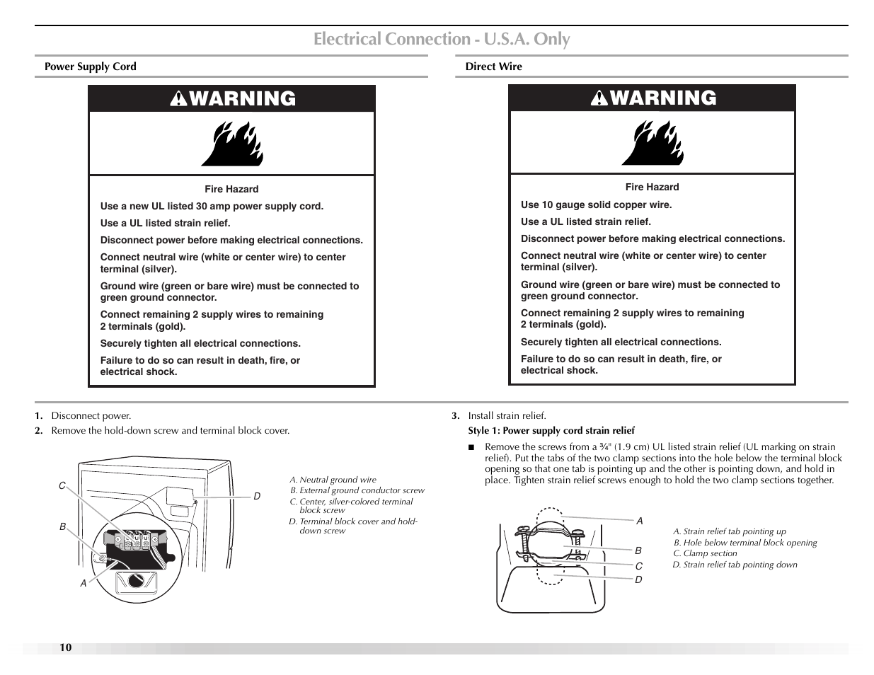 Warning, Electrical connection - u.s.a. only | Maytag Epic W10139629A User Manual | Page 10 / 88