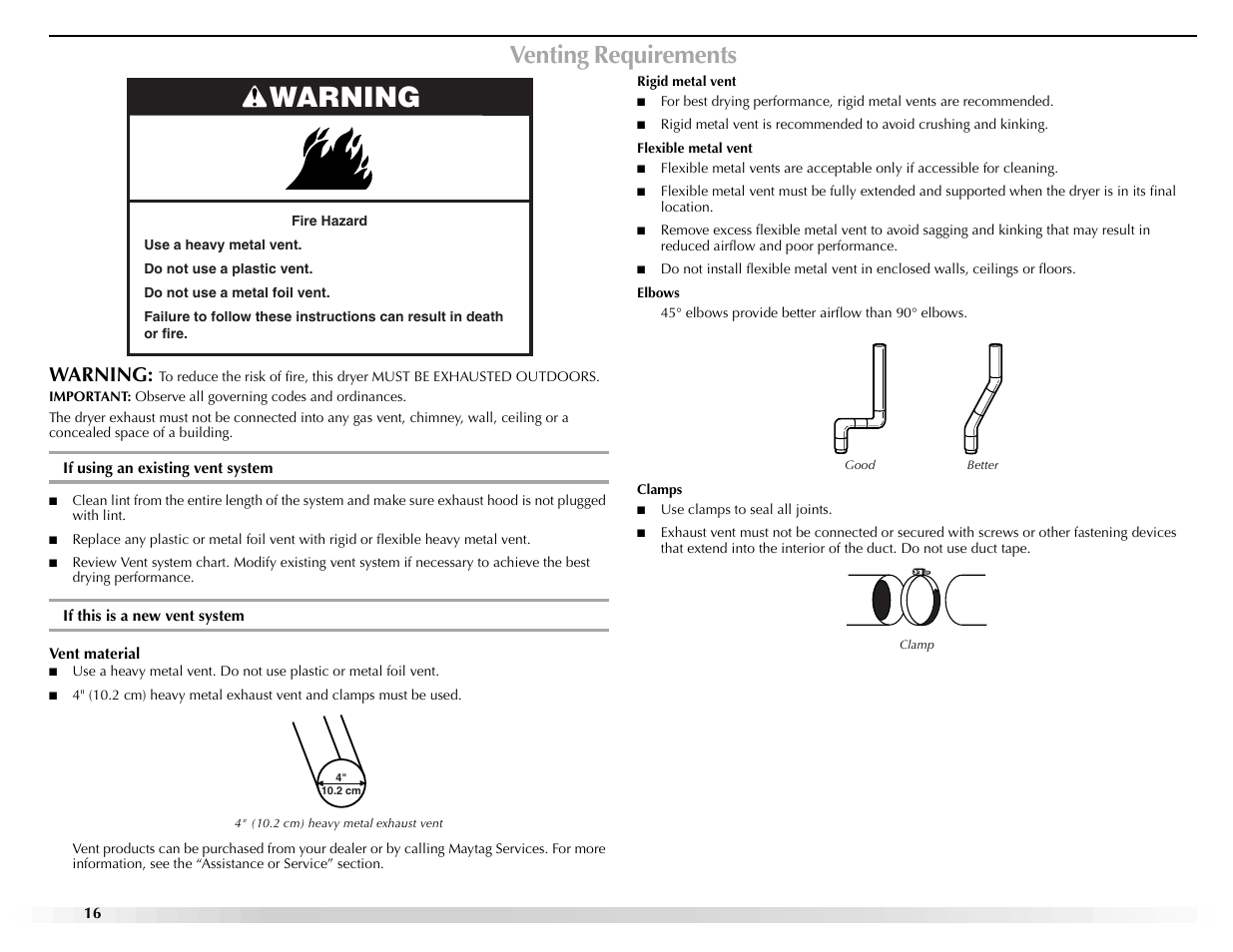 Venting requirements, Warning | Maytag Epic W10139629A User Manual | Page 16 / 88