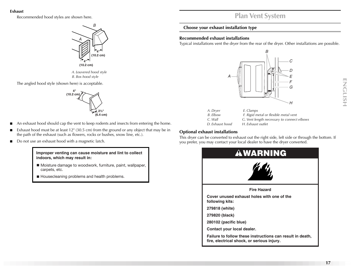 Warning, Plan vent system | Maytag Epic W10139629A User Manual | Page 17 / 88