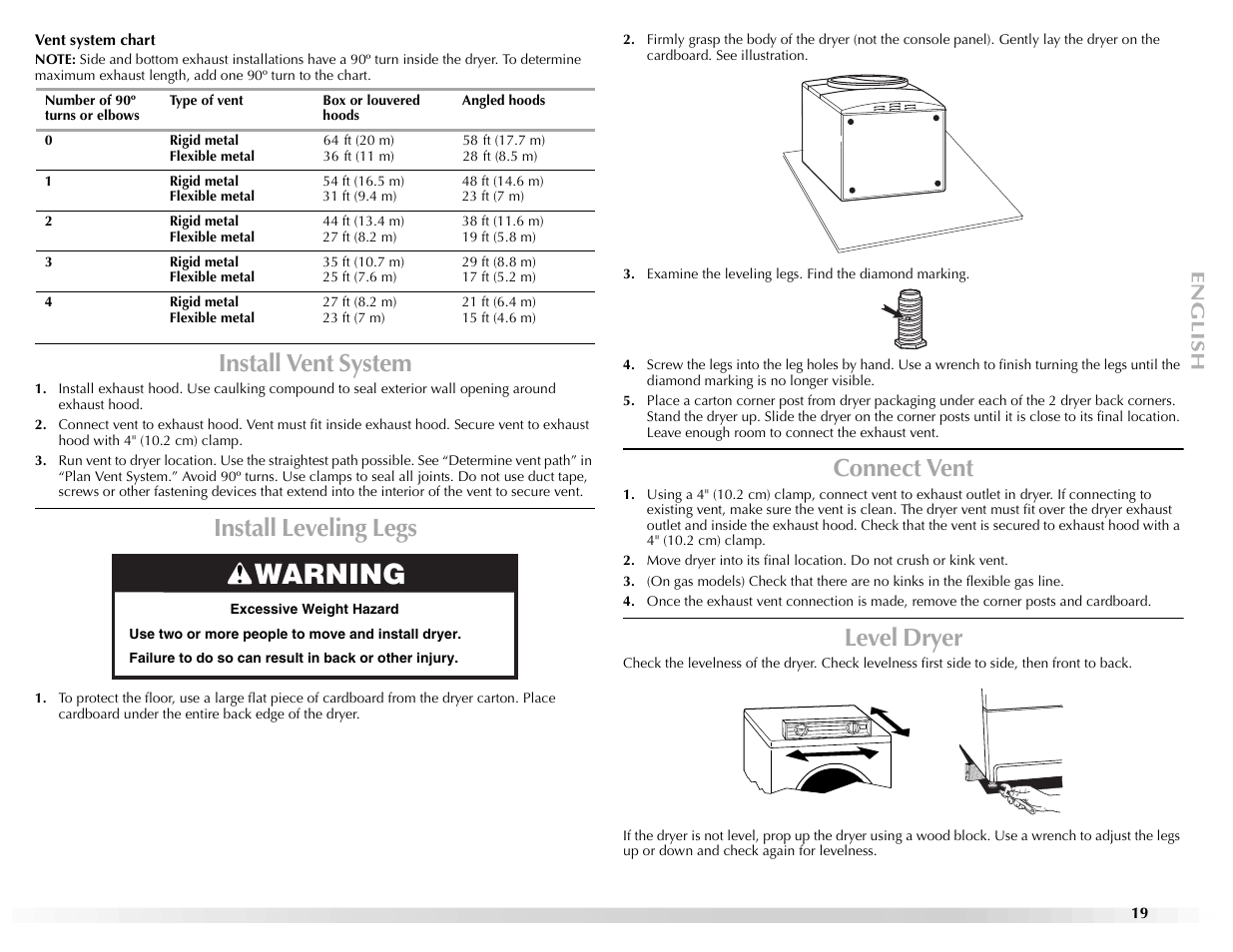 Warning, Install vent system, Install leveling legs | Connect vent, Level dryer | Maytag Epic W10139629A User Manual | Page 19 / 88