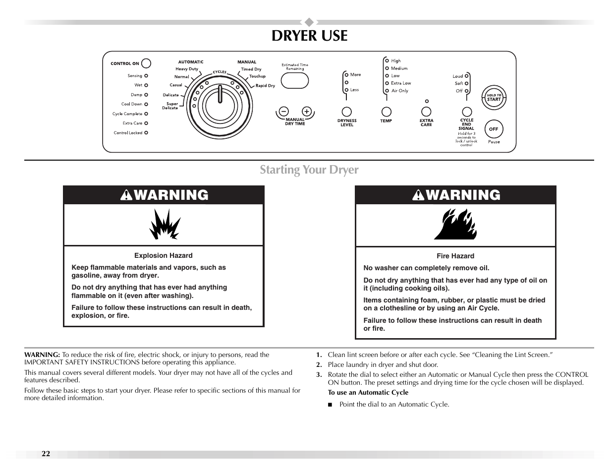 Dryer use, Warning, Starting your dryer | Maytag Epic W10139629A User Manual | Page 22 / 88