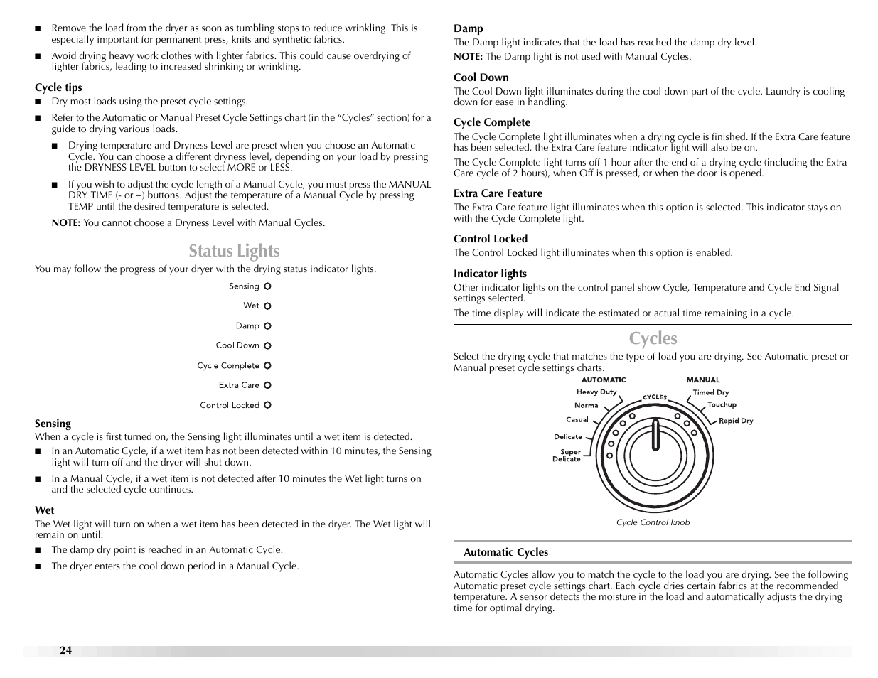 Status lights, Cycles | Maytag Epic W10139629A User Manual | Page 24 / 88