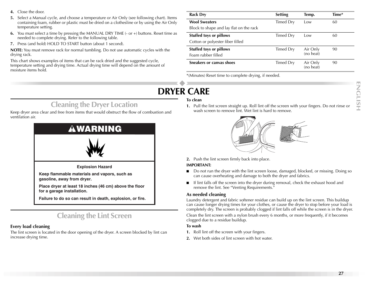 Dryer care, Warning, Cleaning the dryer location | Cleaning the lint screen | Maytag Epic W10139629A User Manual | Page 27 / 88