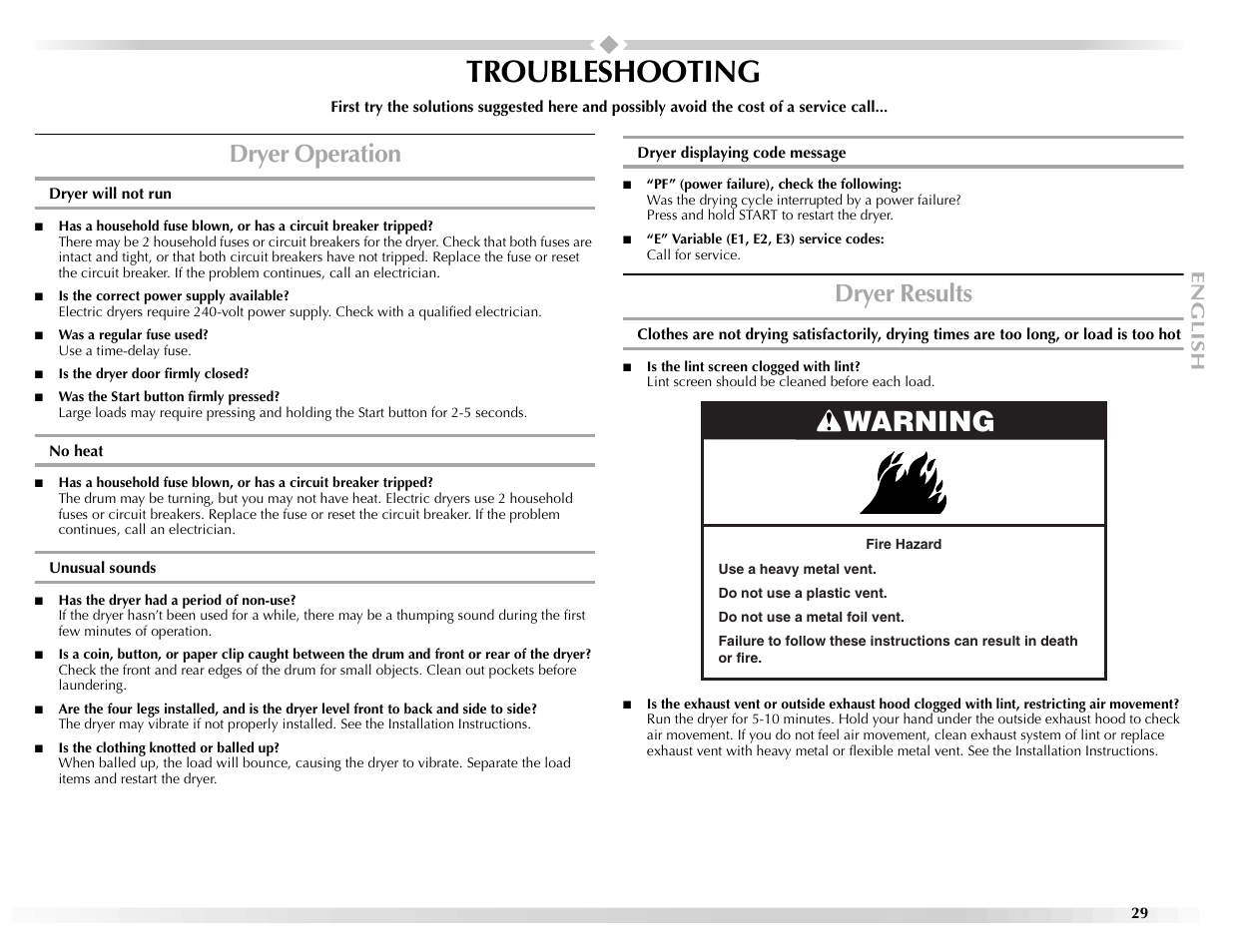 Troubleshooting, Warning, Dryer operation | Dryer results | Maytag Epic W10139629A User Manual | Page 29 / 88