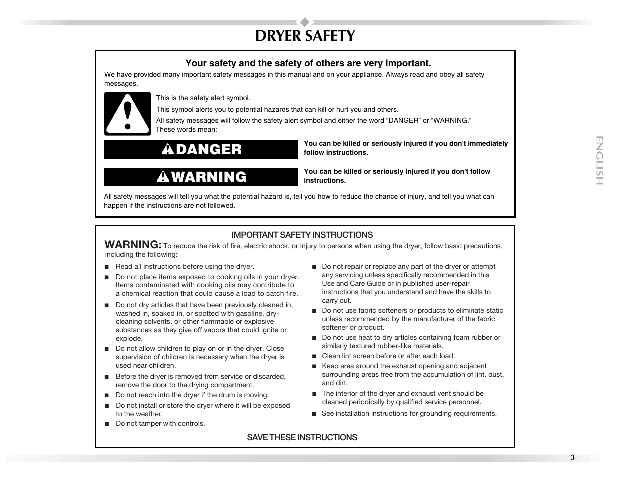 Dryer safety, Danger warning, Warning | Maytag Epic W10139629A User Manual | Page 3 / 88