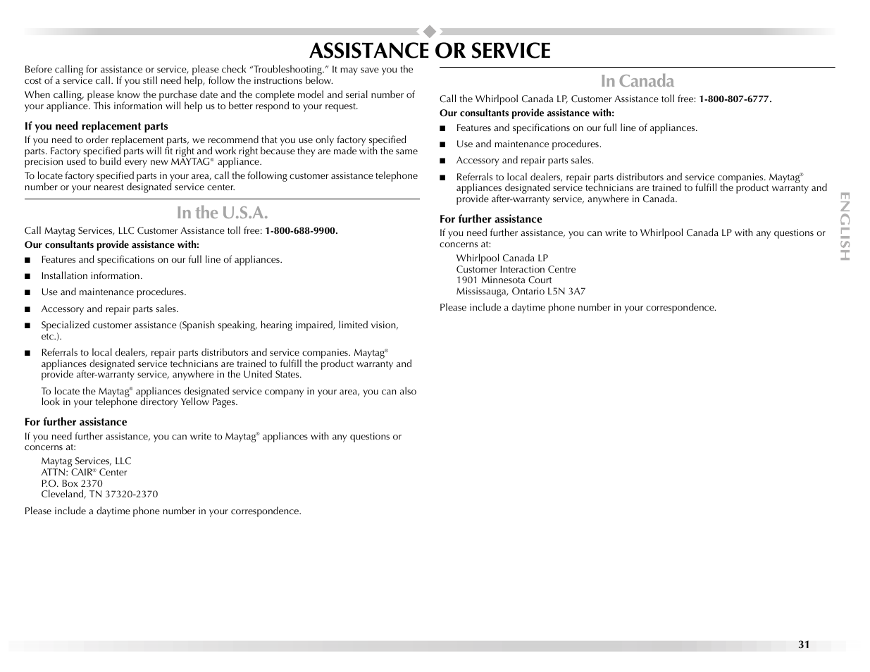 Assistance or service | Maytag Epic W10139629A User Manual | Page 31 / 88