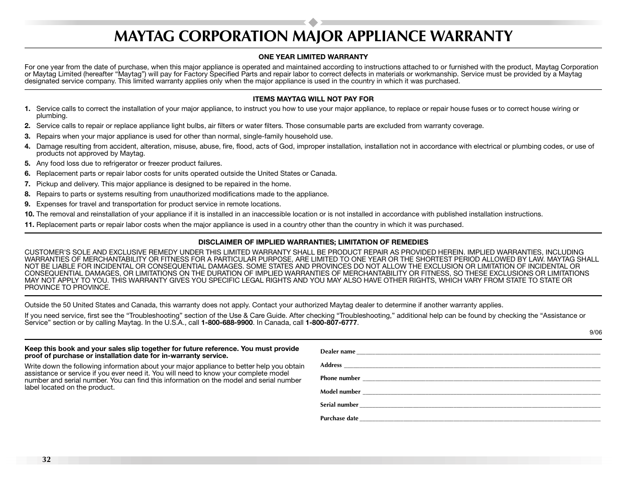 Maytag corporation major appliance warranty | Maytag Epic W10139629A User Manual | Page 32 / 88