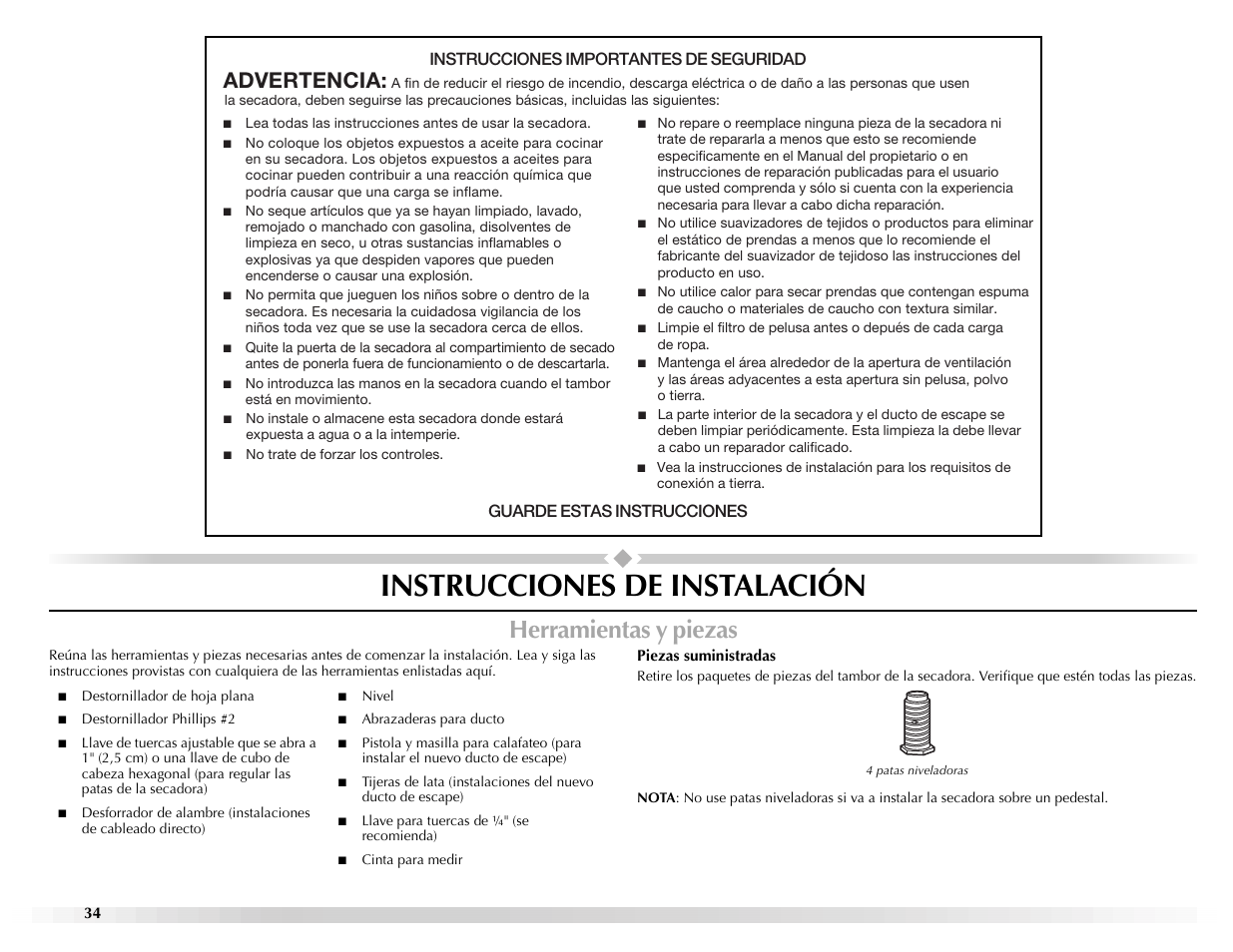 Instrucciones de instalación, Herramientas y piezas, Advertencia | Maytag Epic W10139629A User Manual | Page 34 / 88