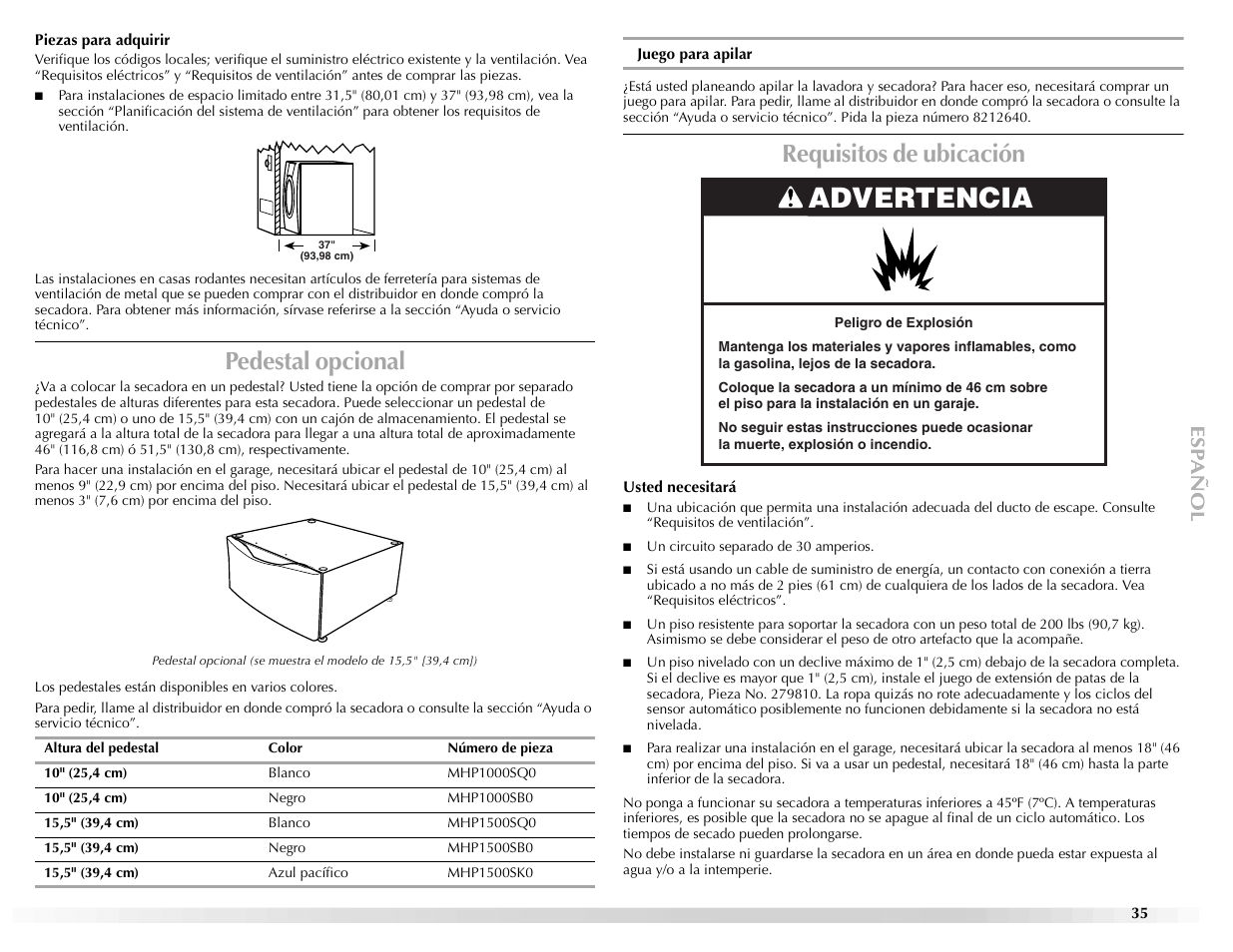 Advertencia, Pedestal opcional, Requisitos de ubicación | Maytag Epic W10139629A User Manual | Page 35 / 88