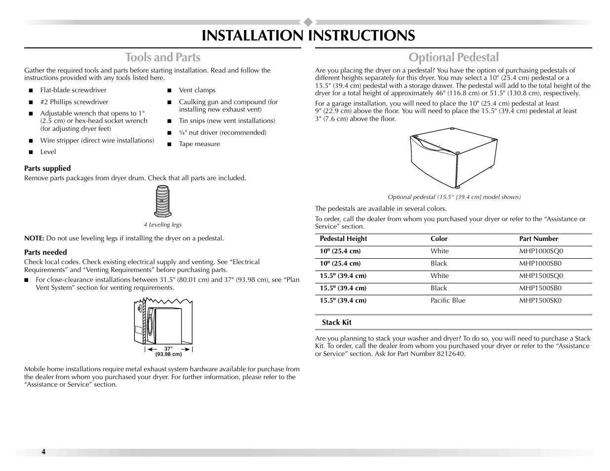 Installation instructions, Tools and parts, Optional pedestal | Maytag Epic W10139629A User Manual | Page 4 / 88