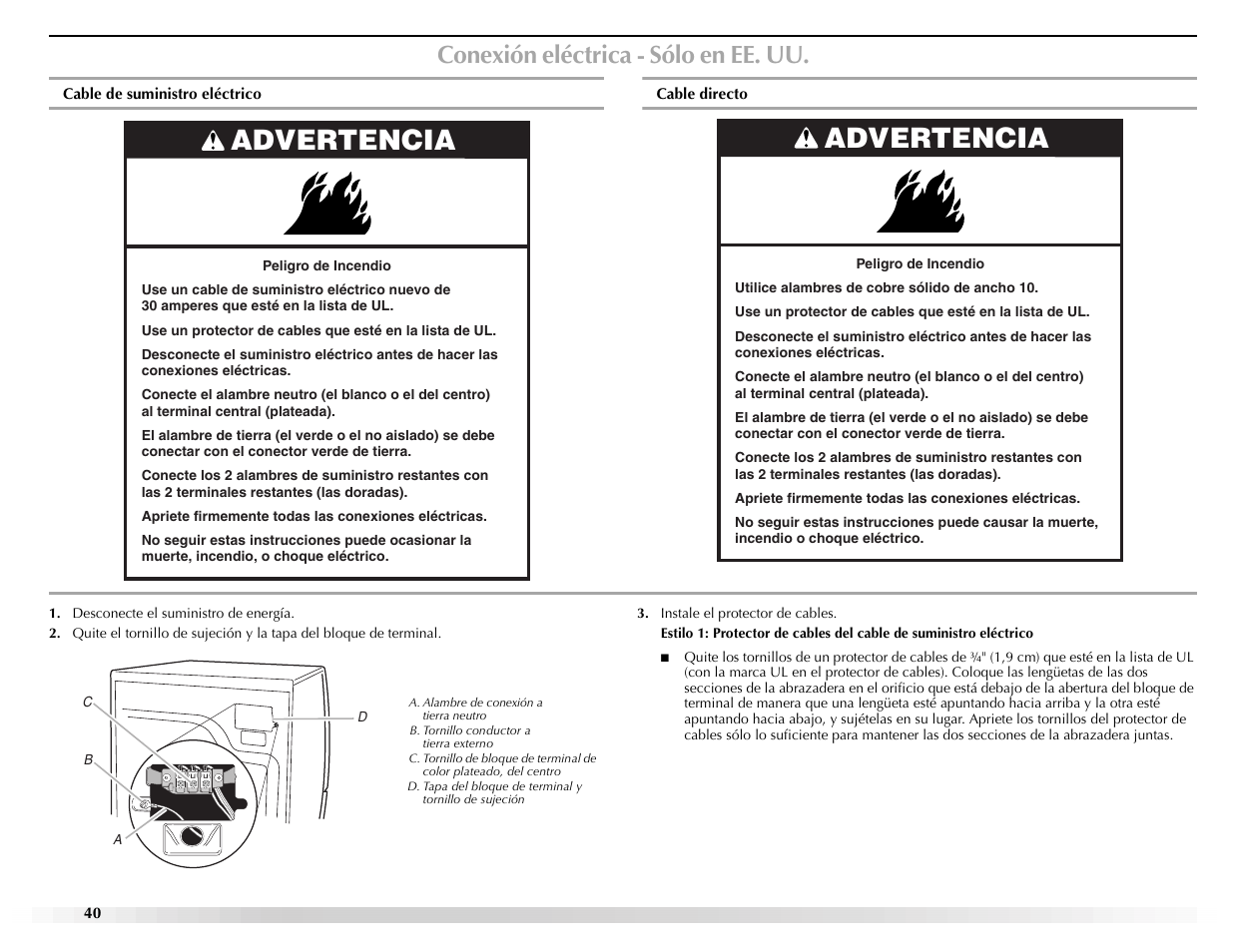 Advertencia, Conexión eléctrica - sólo en ee. uu | Maytag Epic W10139629A User Manual | Page 40 / 88