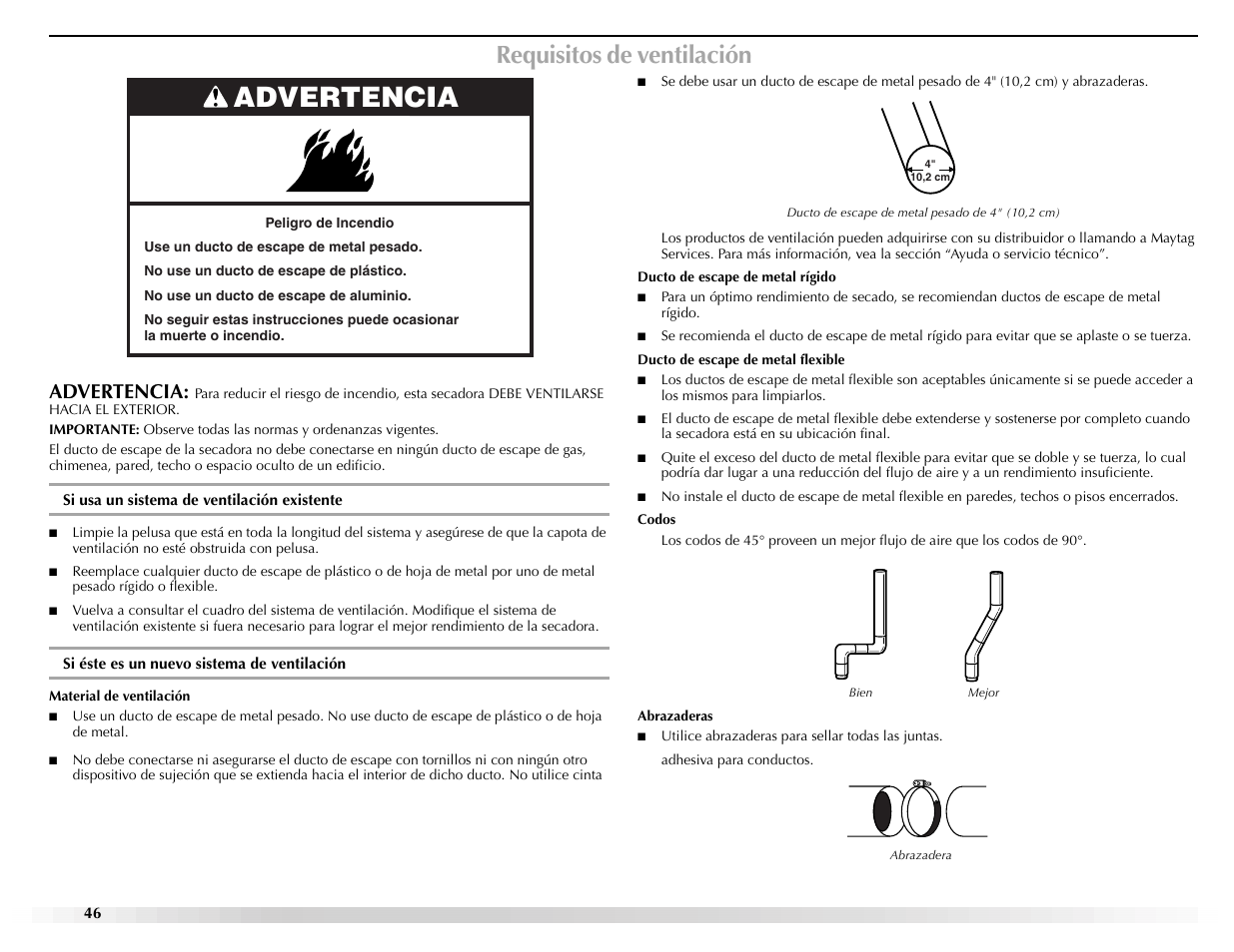 Requisitos de ventilación, Advertencia | Maytag Epic W10139629A User Manual | Page 46 / 88