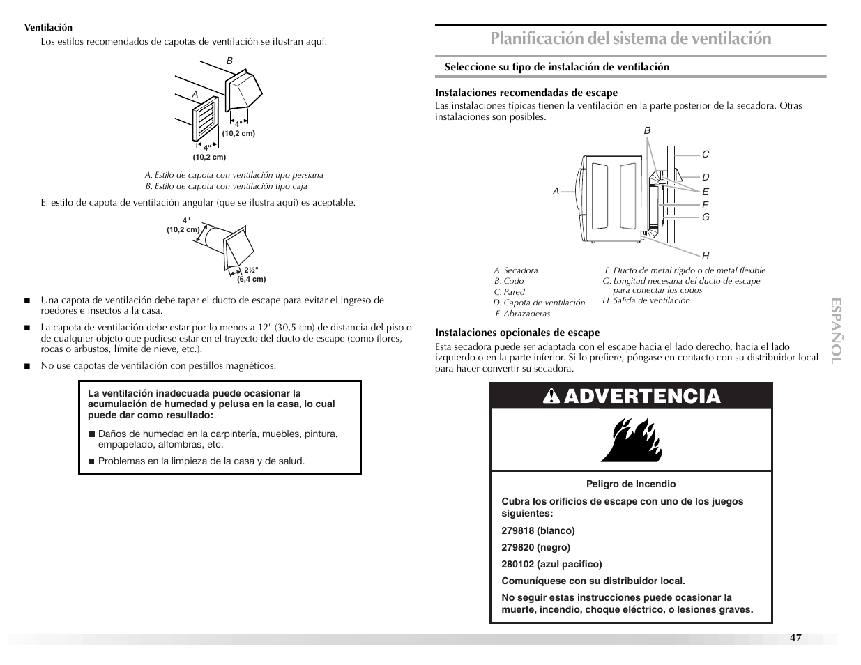 Advertencia, Planificación del sistema de ventilación | Maytag Epic W10139629A User Manual | Page 47 / 88