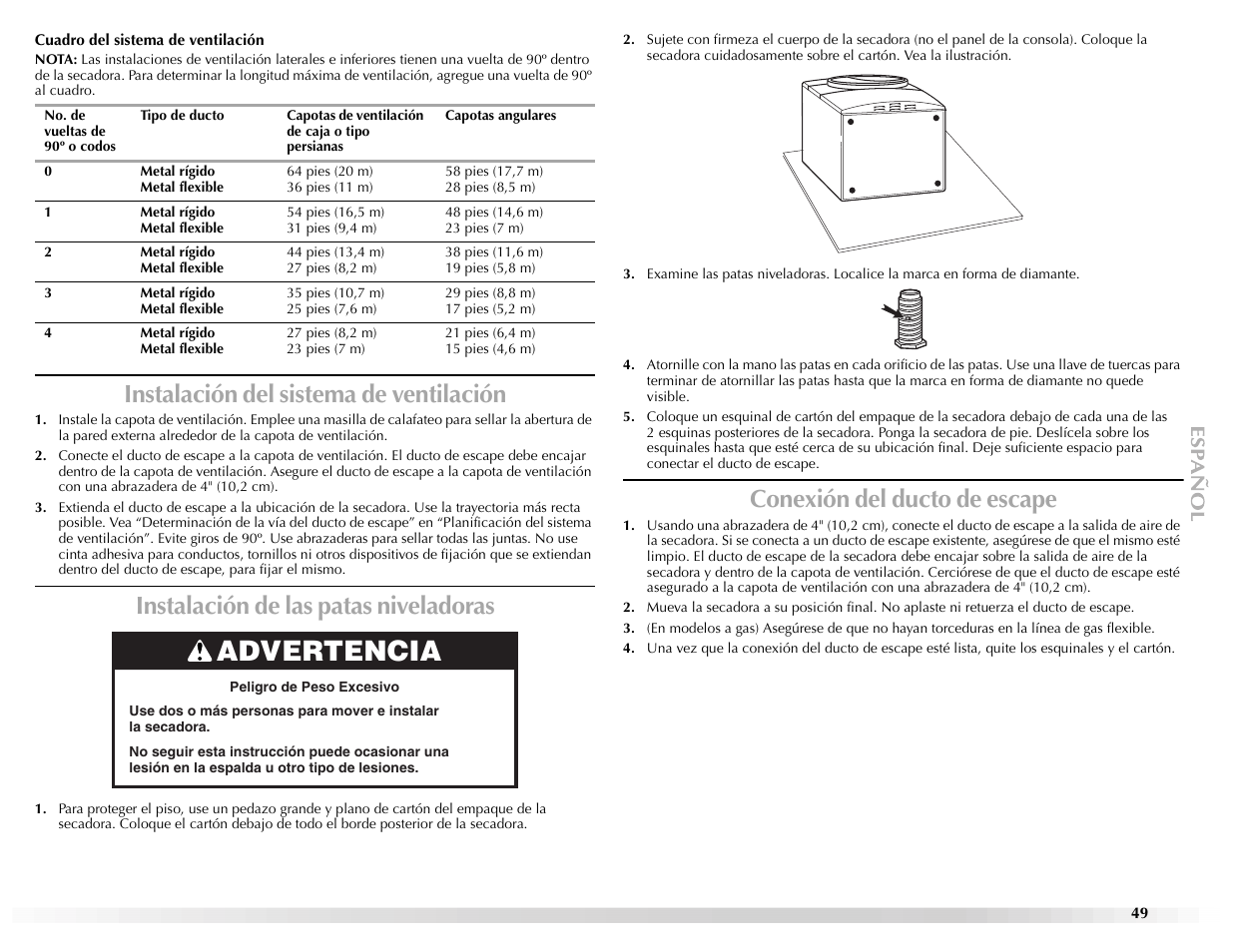 Advertencia, Instalación del sistema de ventilación, Instalación de las patas niveladoras | Conexión del ducto de escape | Maytag Epic W10139629A User Manual | Page 49 / 88