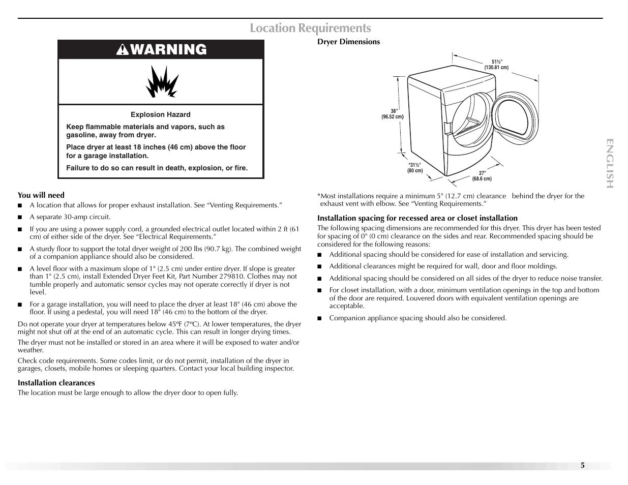 Warning, Location requirements | Maytag Epic W10139629A User Manual | Page 5 / 88