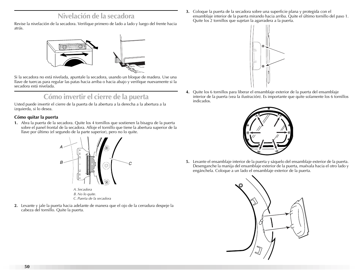 Nivelación de la secadora, Cómo invertir el cierre de la puerta | Maytag Epic W10139629A User Manual | Page 50 / 88