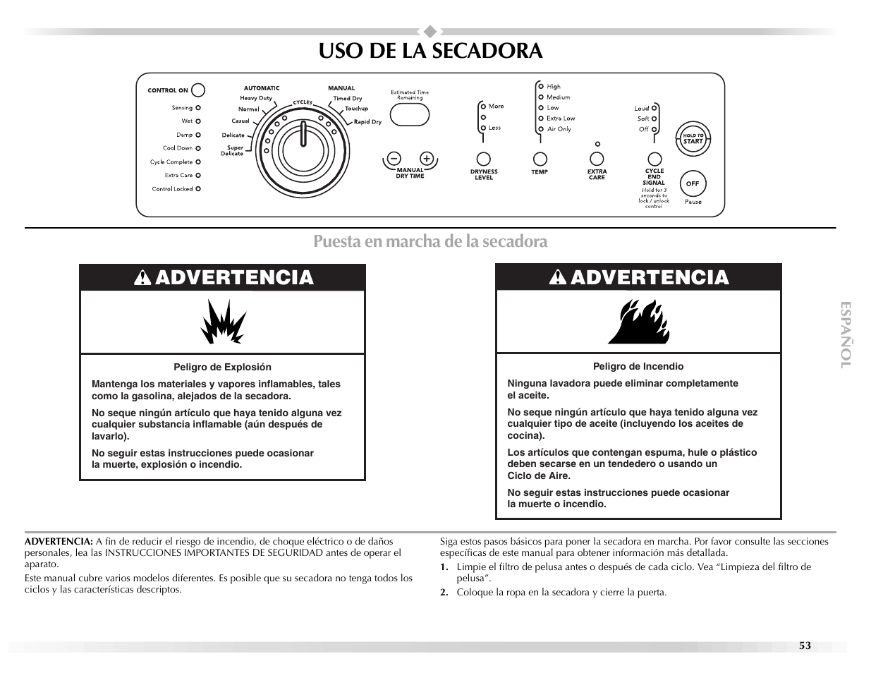 Uso de la secadora, Advertencia, Puesta en marcha de la secadora | Maytag Epic W10139629A User Manual | Page 53 / 88