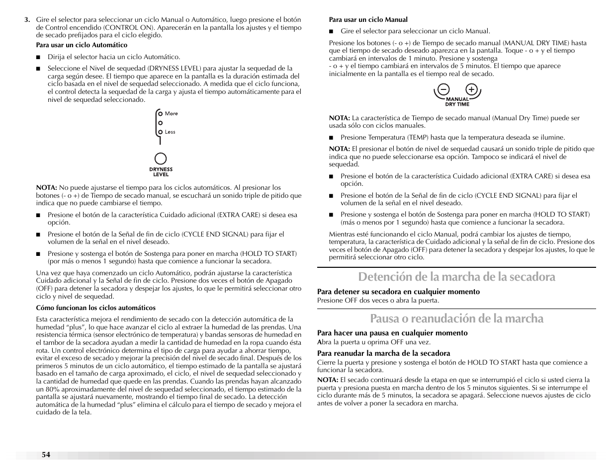 Detención de la marcha de la secadora, Pausa o reanudación de la marcha | Maytag Epic W10139629A User Manual | Page 54 / 88