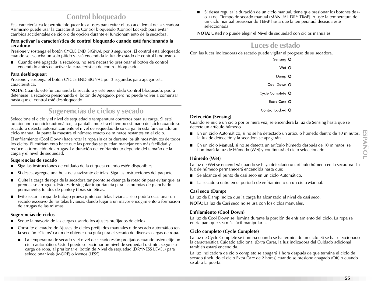 Control bloqueado, Sugerencias de ciclos y secado, Luces de estado | Maytag Epic W10139629A User Manual | Page 55 / 88