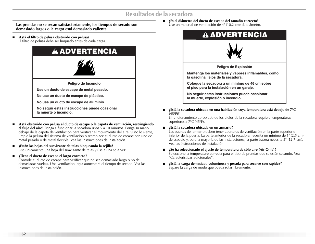 Advertencia, Resultados de la secadora | Maytag Epic W10139629A User Manual | Page 62 / 88