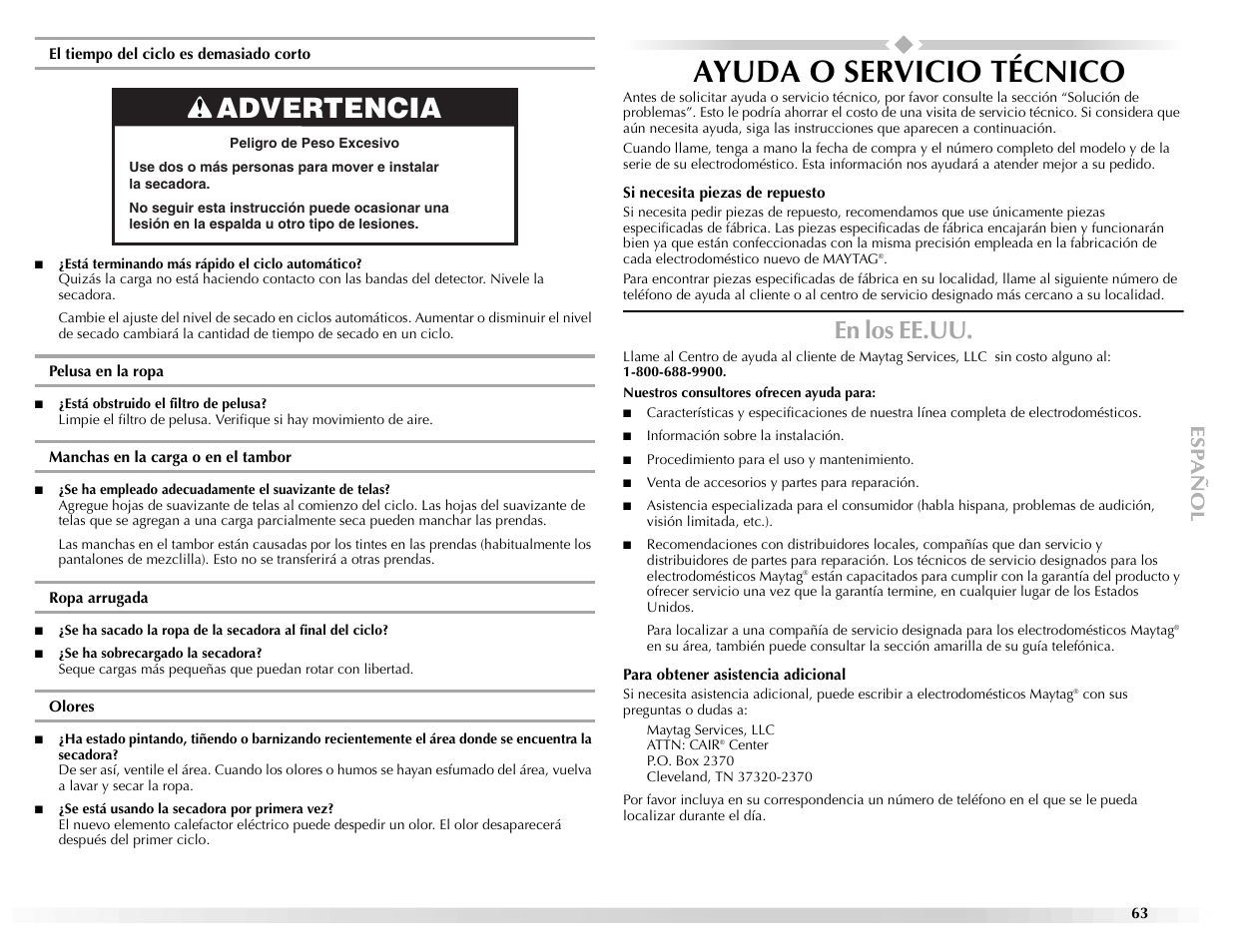 Ayuda o servicio técnico, Advertencia, En los ee.uu | Maytag Epic W10139629A User Manual | Page 63 / 88