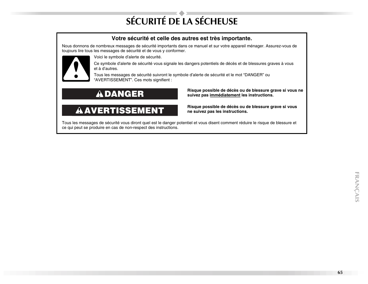 Sécurité de la sécheuse, Avertissement danger | Maytag Epic W10139629A User Manual | Page 65 / 88