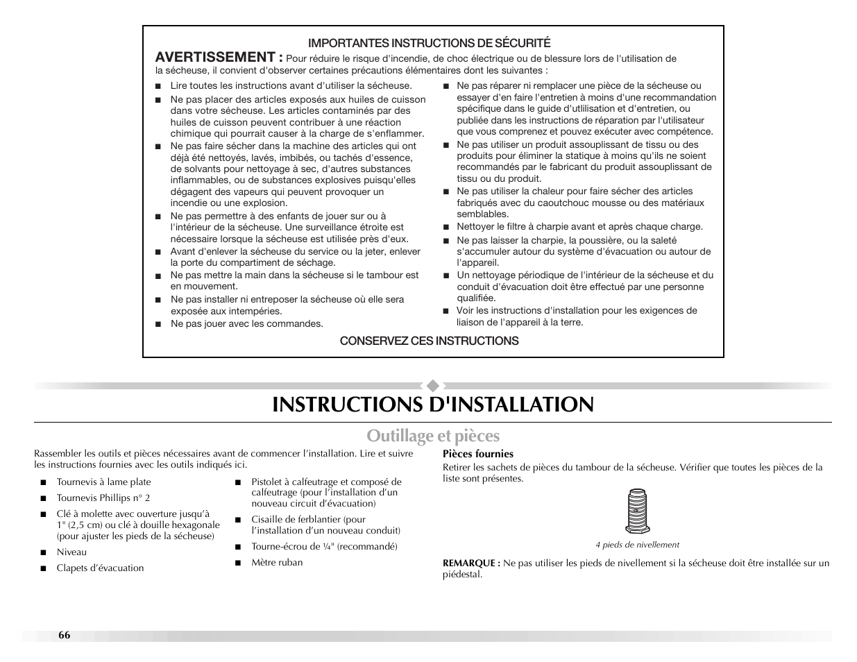 Instructions d'installation, Outillage et pièces, Avertissement | Maytag Epic W10139629A User Manual | Page 66 / 88