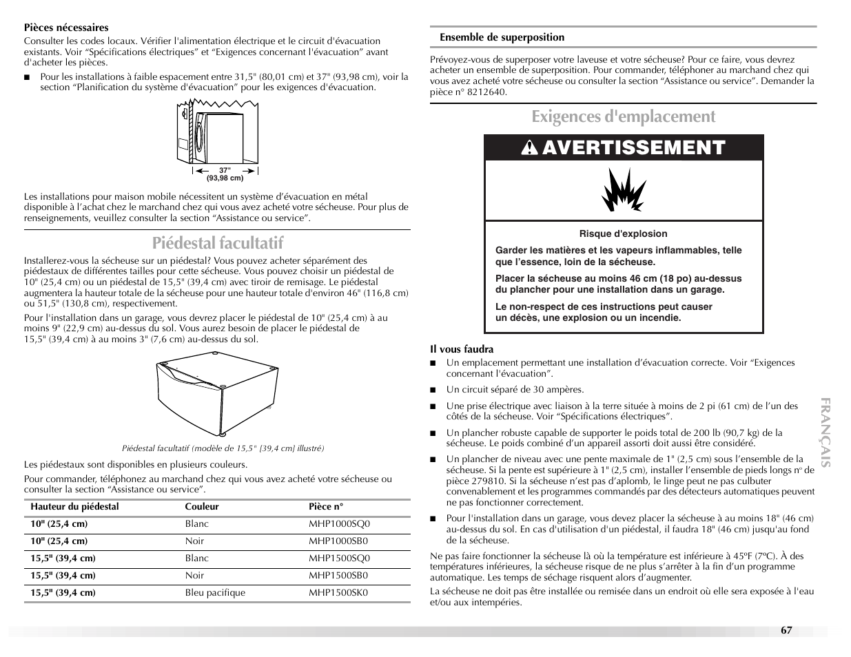 Avertissement, Piédestal facultatif, Exigences d'emplacement | Maytag Epic W10139629A User Manual | Page 67 / 88