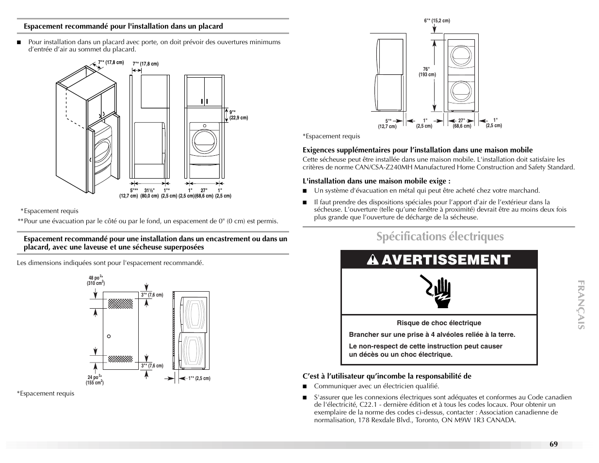 Avertissement, Spécifications électriques | Maytag Epic W10139629A User Manual | Page 69 / 88