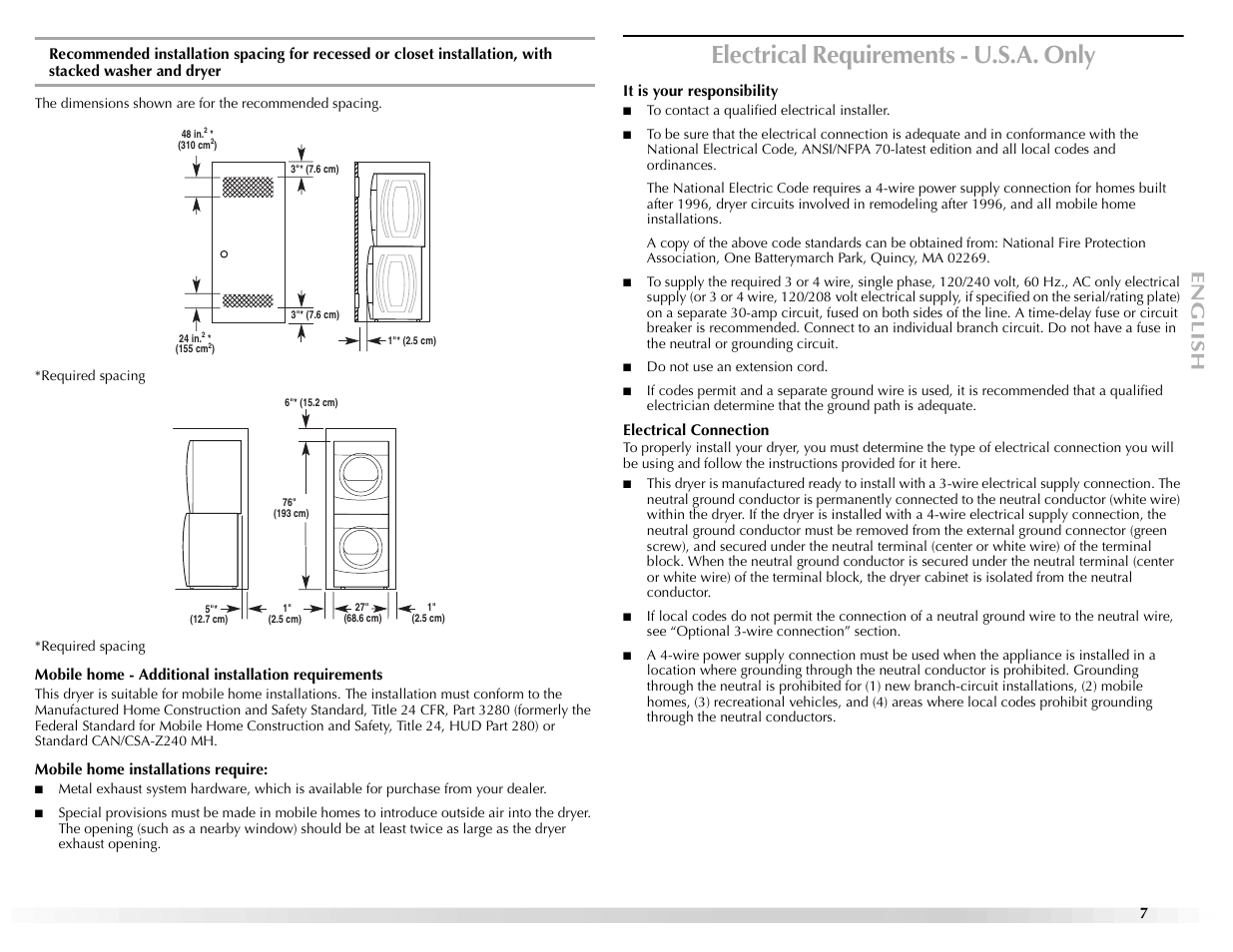 Electrical requirements - u.s.a. only | Maytag Epic W10139629A User Manual | Page 7 / 88