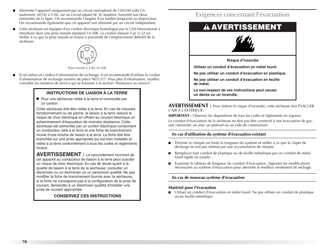 Exigences concernant l'évacuation, Avertissement | Maytag Epic W10139629A User Manual | Page 70 / 88