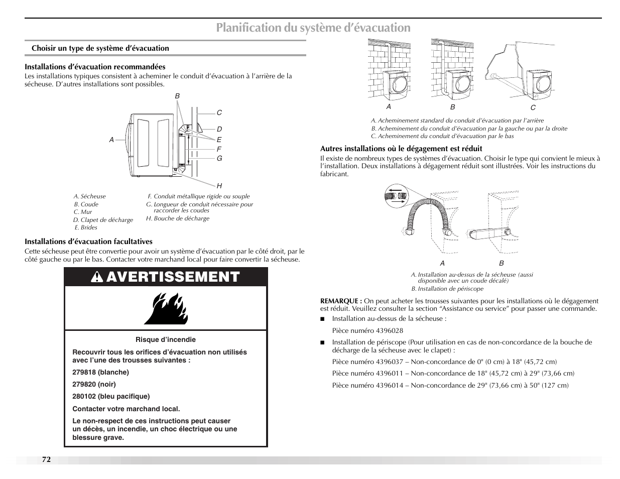 Avertissement, Planification du système d’évacuation | Maytag Epic W10139629A User Manual | Page 72 / 88