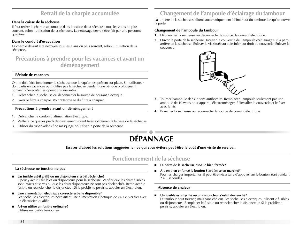 Dépannage, Retrait de la charpie accumulée, Changement de l’ampoule d’éclairage du tambour | Fonctionnement de la sécheuse | Maytag Epic W10139629A User Manual | Page 84 / 88