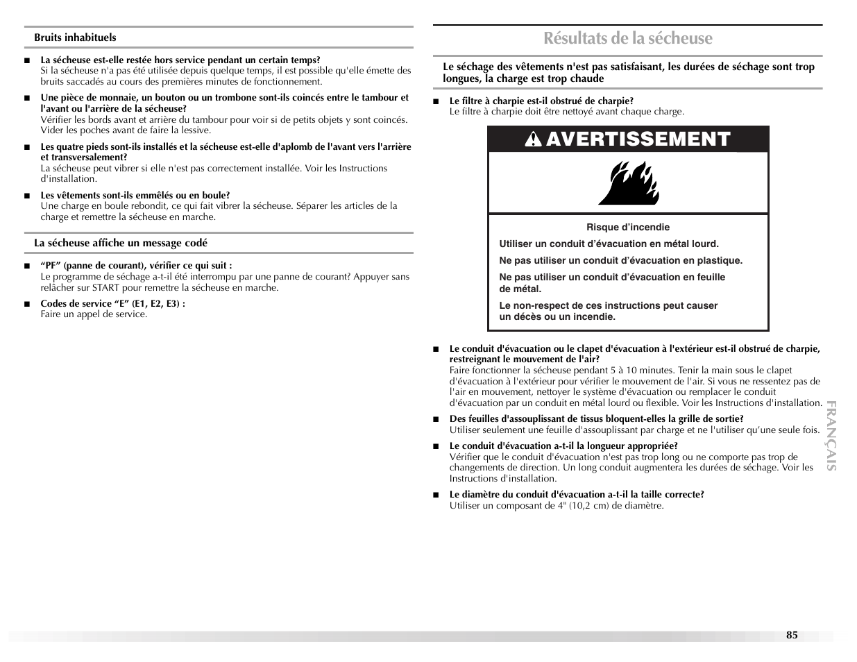 Avertissement, Résultats de la sécheuse | Maytag Epic W10139629A User Manual | Page 85 / 88