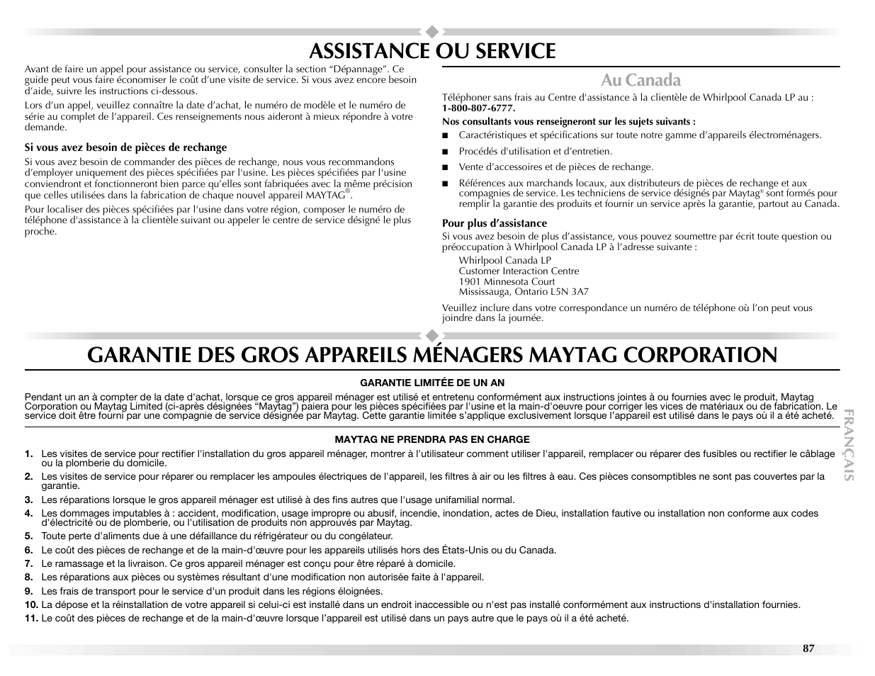 Assistance ou service, Au canada | Maytag Epic W10139629A User Manual | Page 87 / 88