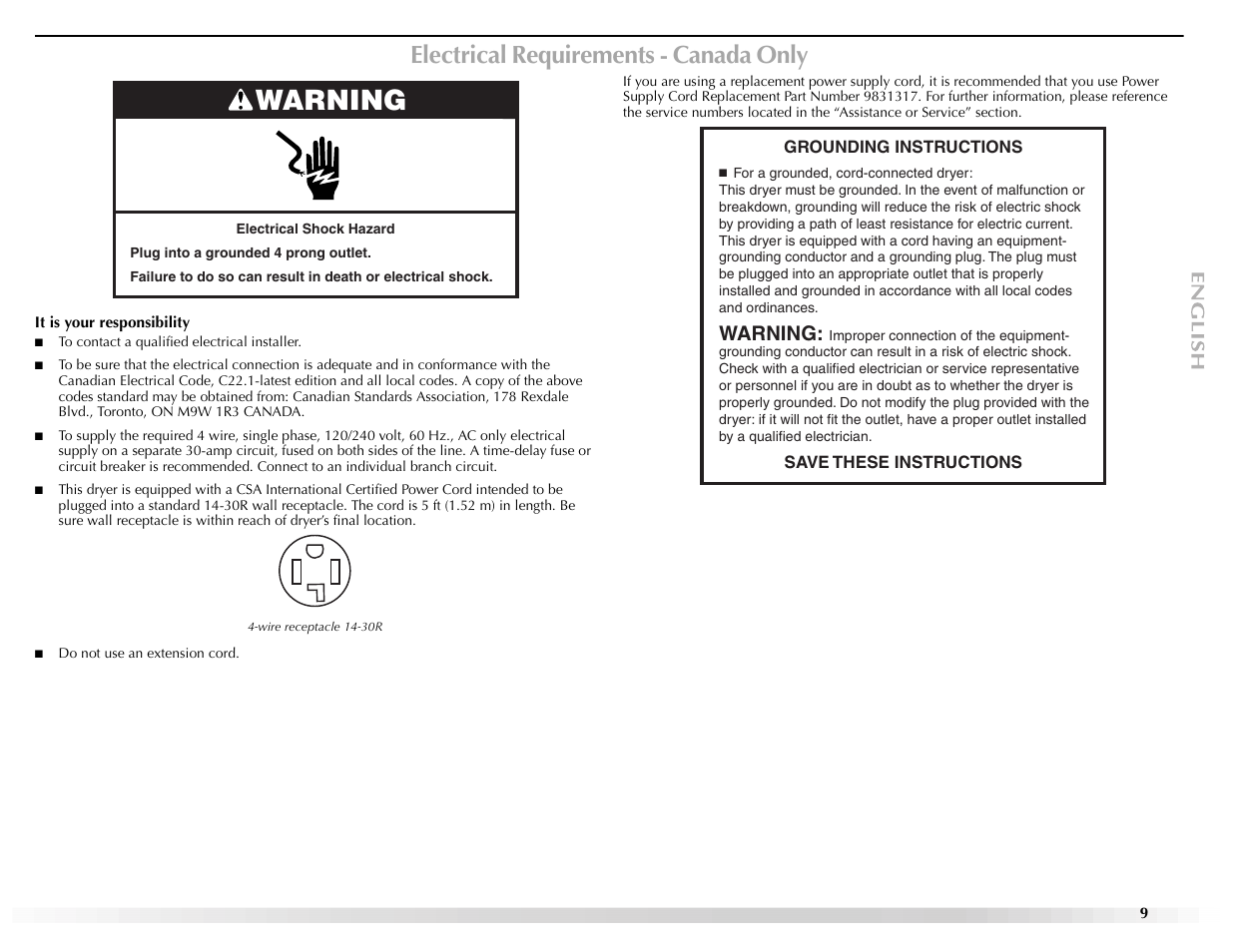 Warning, Electrical requirements - canada only | Maytag Epic W10139629A User Manual | Page 9 / 88