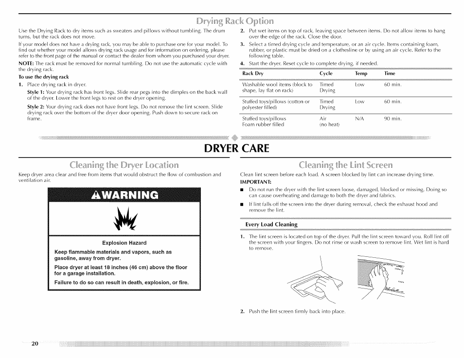 Dryer care, Awarning, Aliy | F r'f ;. ..■■■ : :. ■ ■ ■ . . . ■ .tiiin, Drying rack option | Maytag MED5591TQ1 User Manual | Page 20 / 72