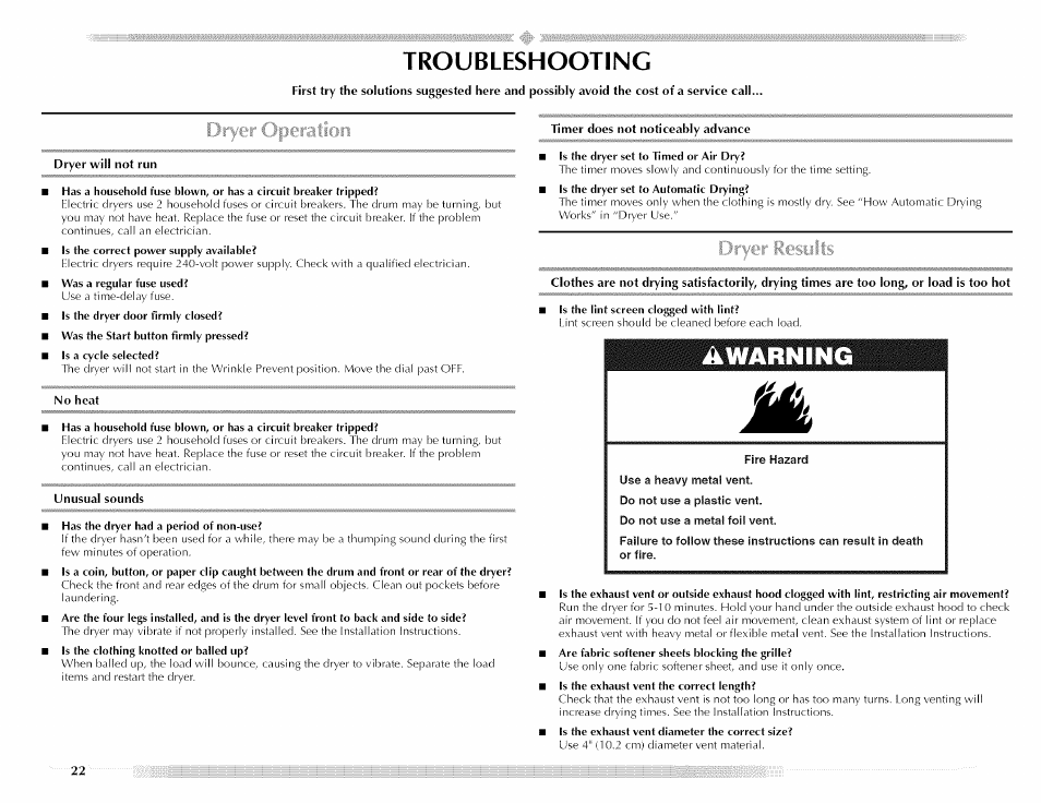 Troubleshooting, Dryer operation, Dryer results | Maytag MED5591TQ1 User Manual | Page 22 / 72