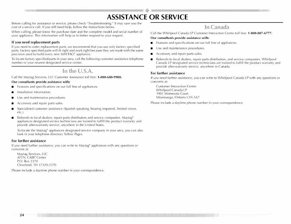 Assistance or service | Maytag MED5591TQ1 User Manual | Page 24 / 72