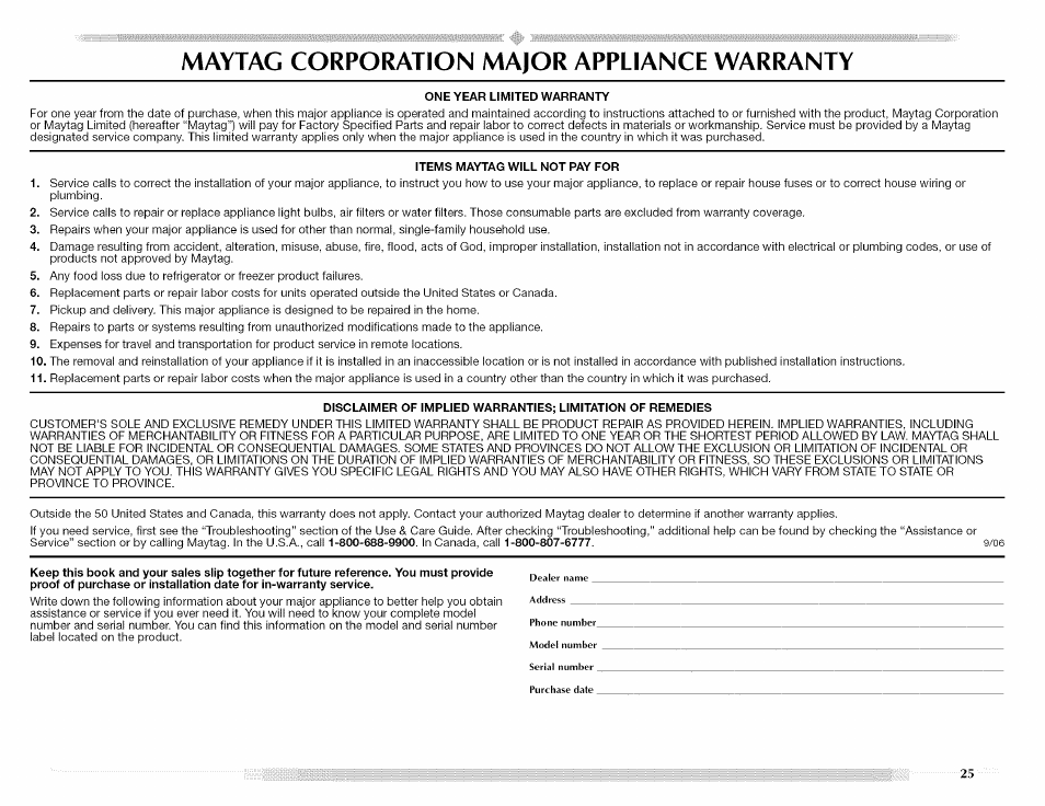 Maytag corporation major appliance warranty | Maytag MED5591TQ1 User Manual | Page 25 / 72