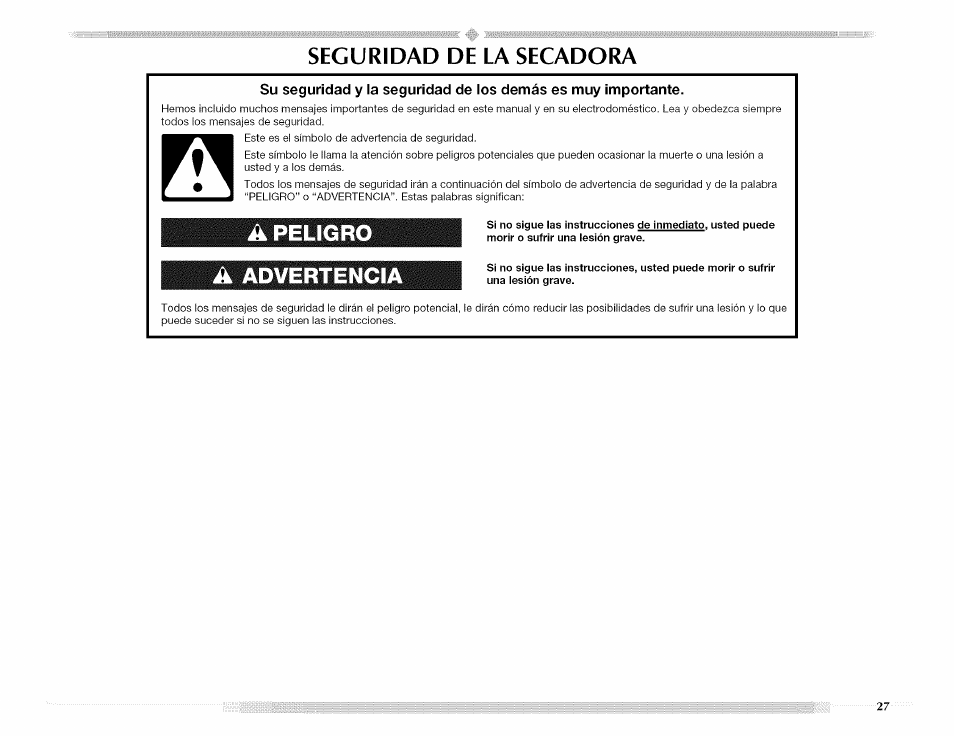 Seguridad de la secadora, A peligrq, A advértencia | Peligrq a advértencia | Maytag MED5591TQ1 User Manual | Page 27 / 72