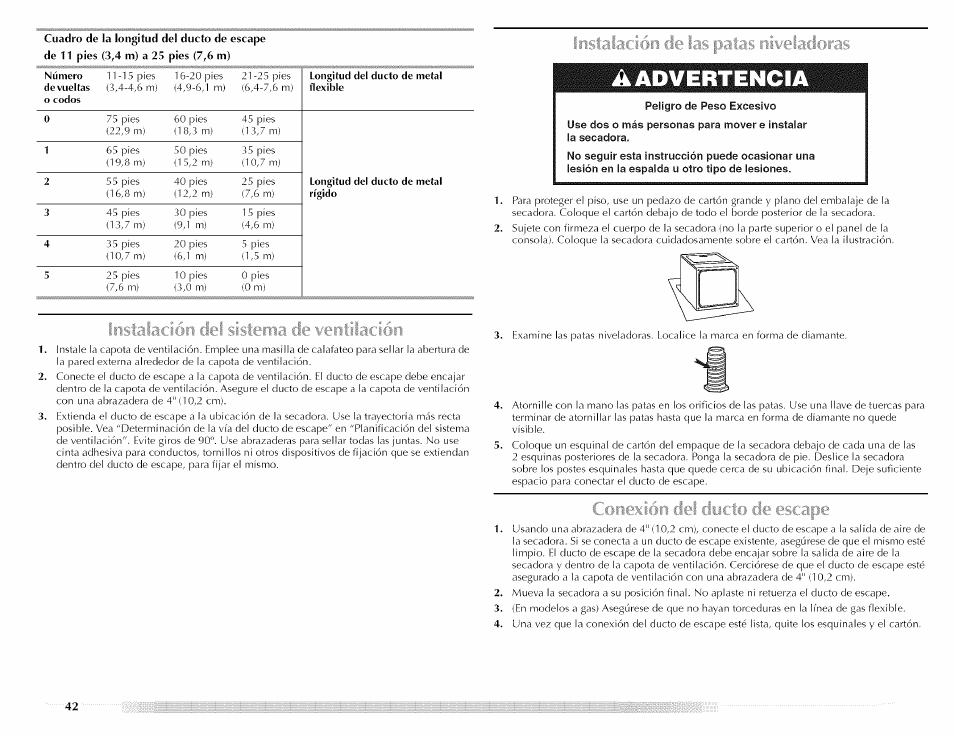 Instalación de las patas niveladoras, If'istajacíoii cid sistfíina cltí ventílaciciri, U . ■. 1 del ciijctci de escape | Maytag MED5591TQ1 User Manual | Page 42 / 72