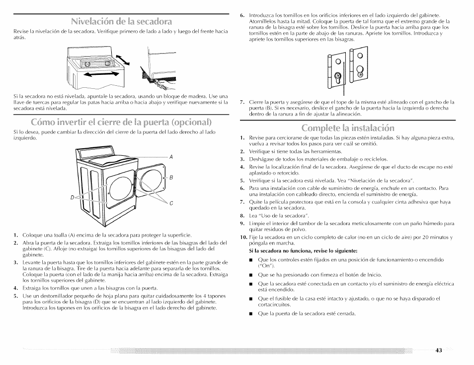 Nivelación de la secadora, Cómo invertir el cierre de la puerta (opcional) | Maytag MED5591TQ1 User Manual | Page 43 / 72