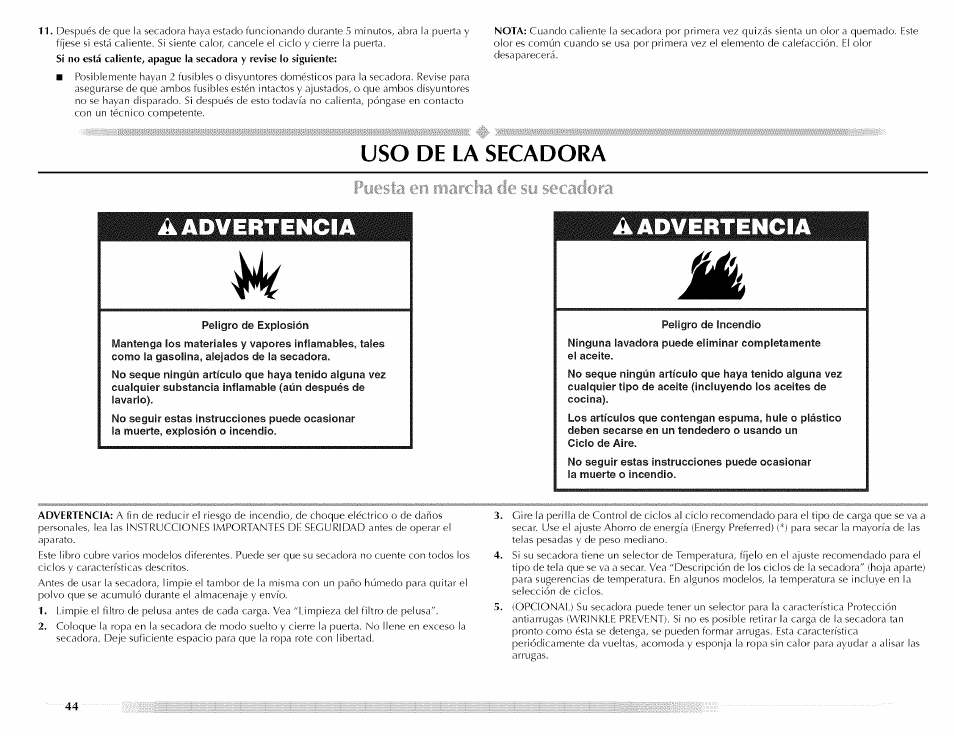 Uso de la secadora, A advertencia, Puesta en rnardia de su secadora | Maytag MED5591TQ1 User Manual | Page 44 / 72