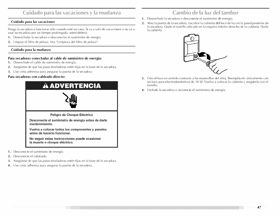 Cambio de la luz del tambor | Maytag MED5591TQ1 User Manual | Page 47 / 72